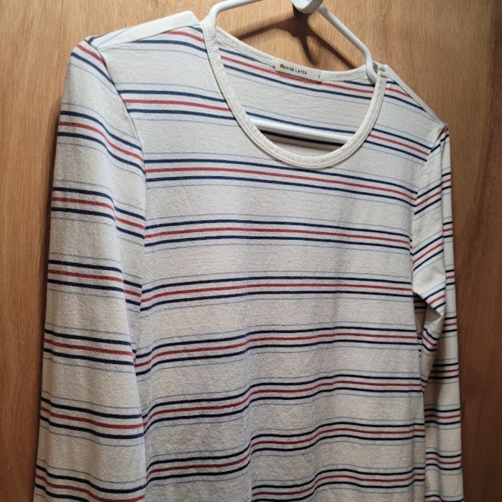 Marine Layer Long Sleeve White Blue and Red Striped Tee - Size Small